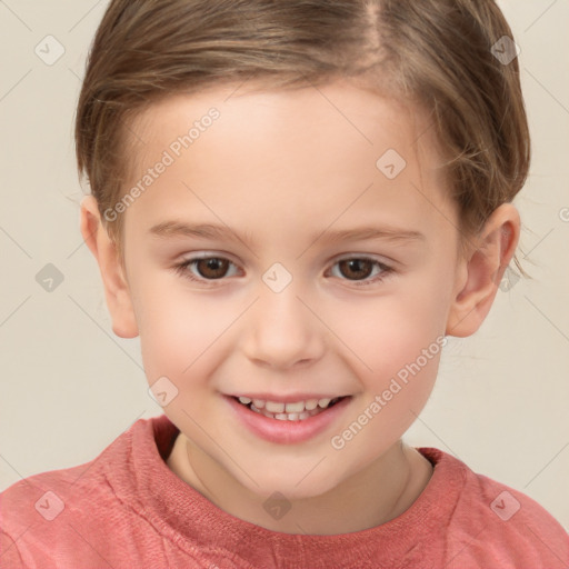 Joyful white child female with short  brown hair and brown eyes