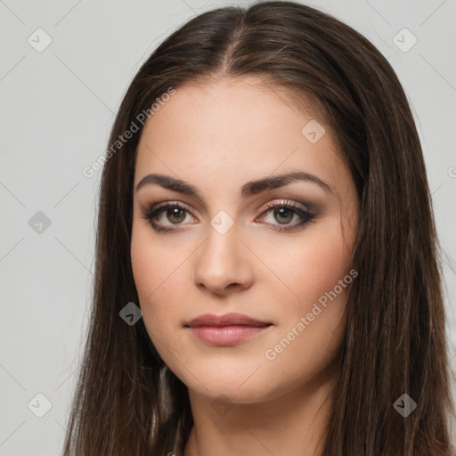 Neutral white young-adult female with long  brown hair and brown eyes