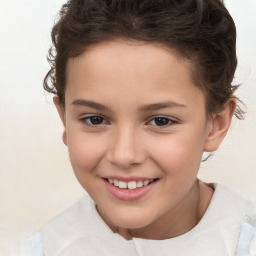 Joyful white child female with short  brown hair and brown eyes