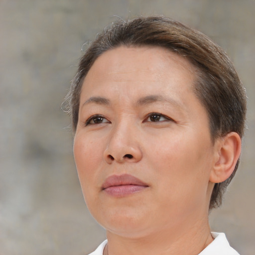 Neutral white adult female with short  brown hair and brown eyes