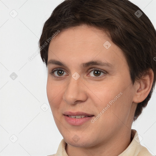 Joyful white young-adult female with short  brown hair and brown eyes