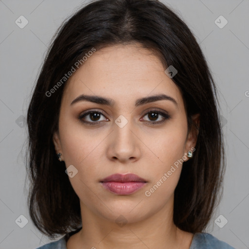 Neutral white young-adult female with medium  brown hair and brown eyes