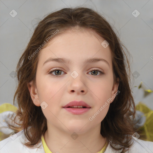 Joyful white child female with medium  brown hair and brown eyes