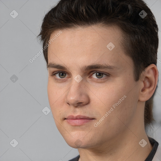 Neutral white young-adult male with short  brown hair and brown eyes