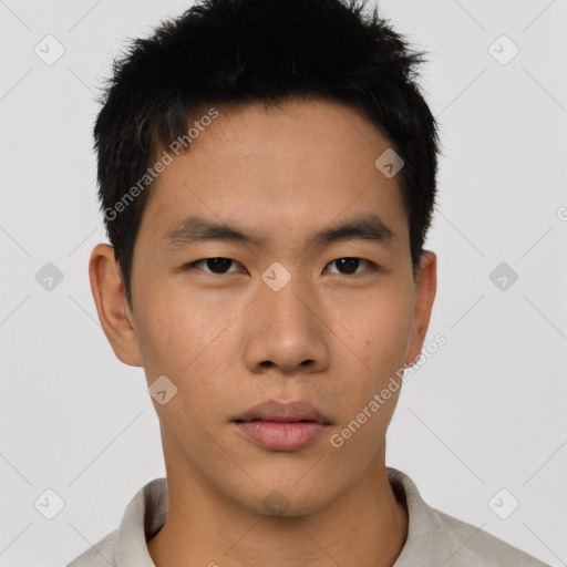 Neutral asian young-adult male with short  black hair and brown eyes