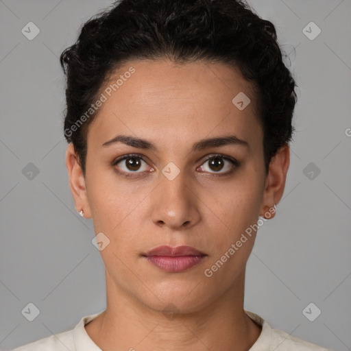 Neutral white young-adult female with short  brown hair and brown eyes