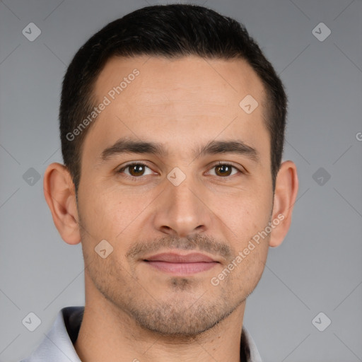 Joyful white young-adult male with short  brown hair and brown eyes