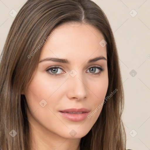 Neutral white young-adult female with long  brown hair and brown eyes