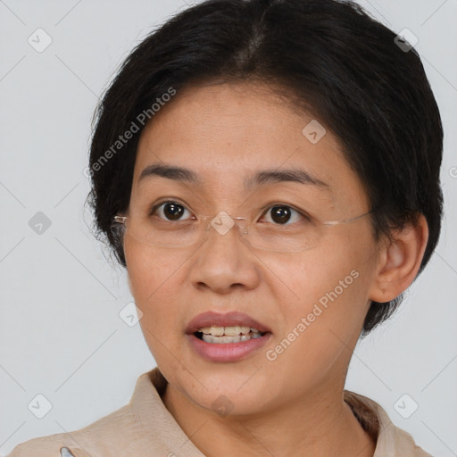 Joyful asian young-adult female with short  brown hair and brown eyes