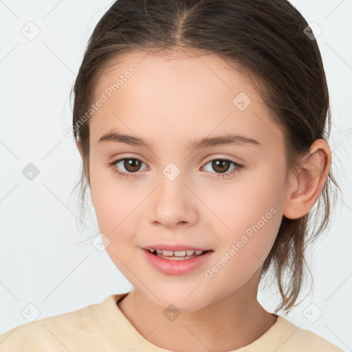 Joyful white child female with medium  brown hair and brown eyes