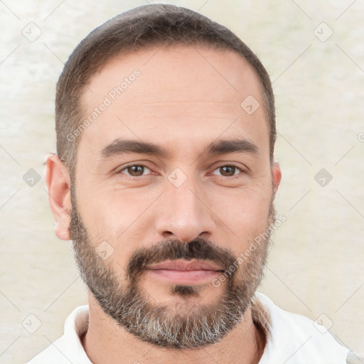 Neutral white young-adult male with short  brown hair and brown eyes