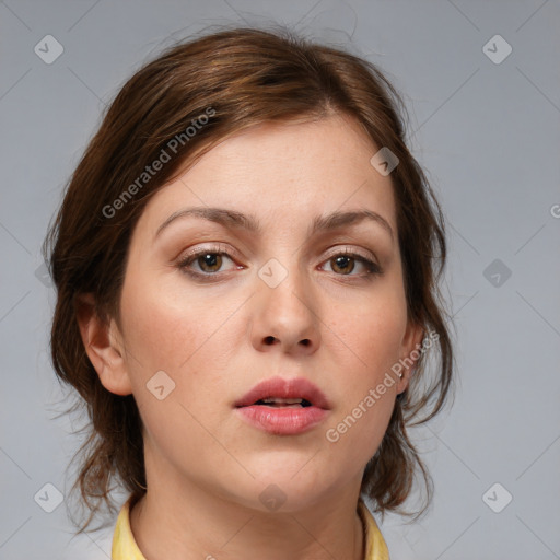 Neutral white young-adult female with medium  brown hair and brown eyes