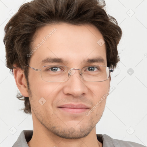 Joyful white adult male with short  brown hair and grey eyes