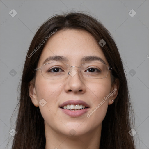 Joyful white young-adult female with long  brown hair and grey eyes