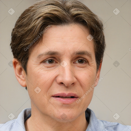 Joyful white adult female with short  brown hair and brown eyes