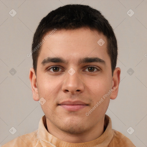 Neutral white young-adult male with short  brown hair and brown eyes