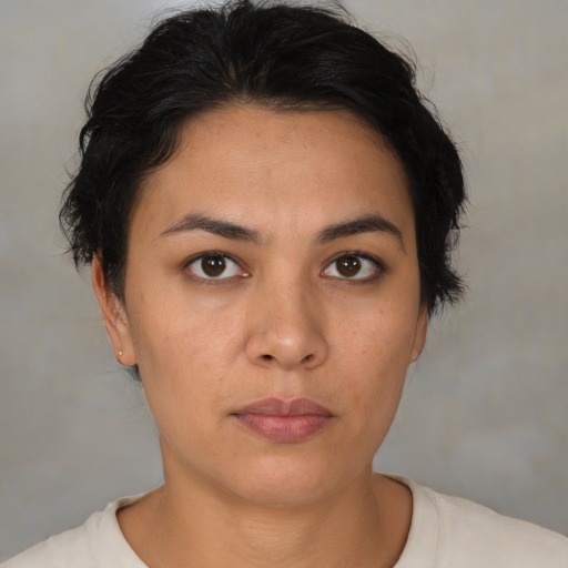 Neutral asian young-adult female with short  brown hair and brown eyes