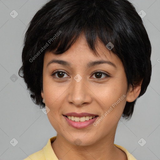 Joyful asian young-adult female with medium  brown hair and brown eyes