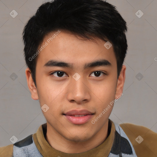 Joyful asian young-adult male with short  black hair and brown eyes