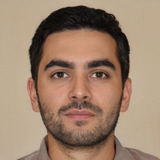 Neutral latino young-adult male with short  black hair and brown eyes