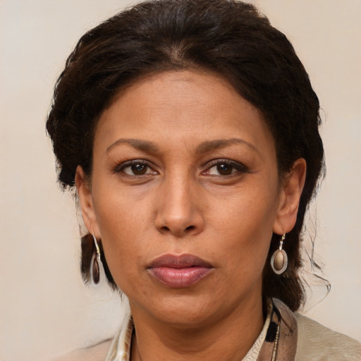 Neutral black adult female with medium  brown hair and brown eyes