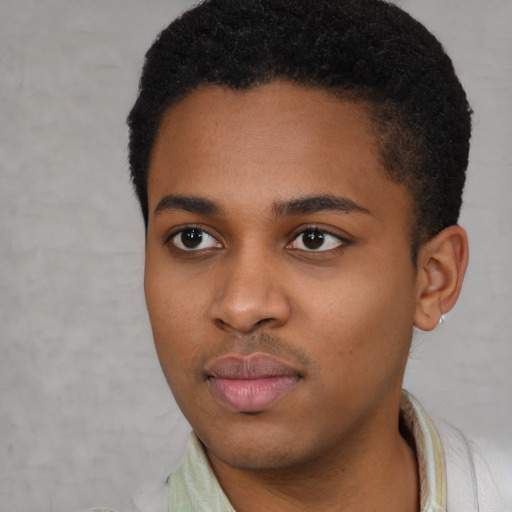 Neutral black young-adult female with short  black hair and brown eyes