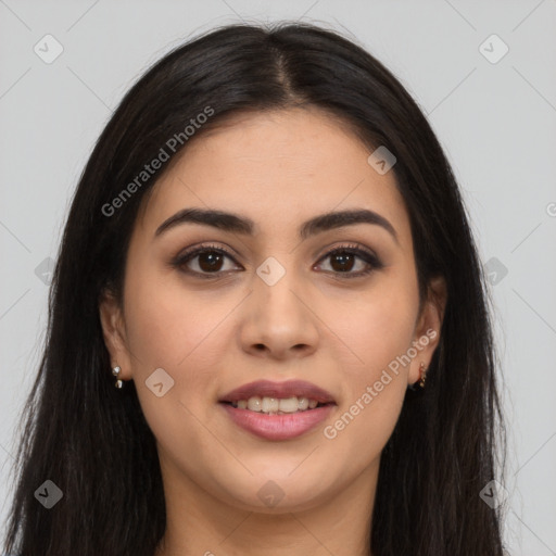 Joyful white young-adult female with long  brown hair and brown eyes