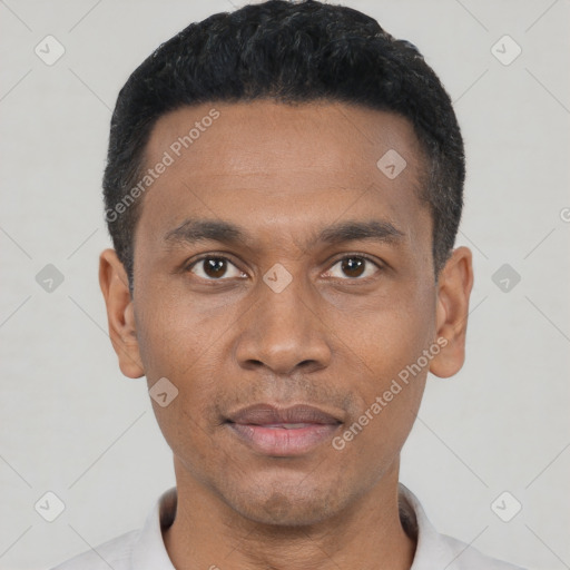Neutral black young-adult male with short  black hair and brown eyes