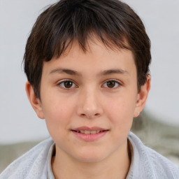 Joyful white child female with short  brown hair and brown eyes