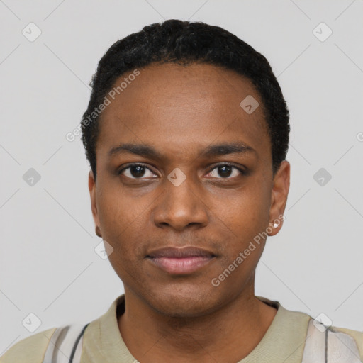 Neutral black young-adult male with short  black hair and brown eyes