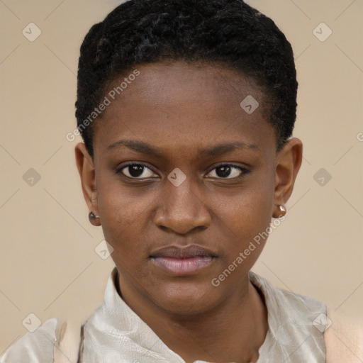 Neutral black young-adult female with short  black hair and brown eyes