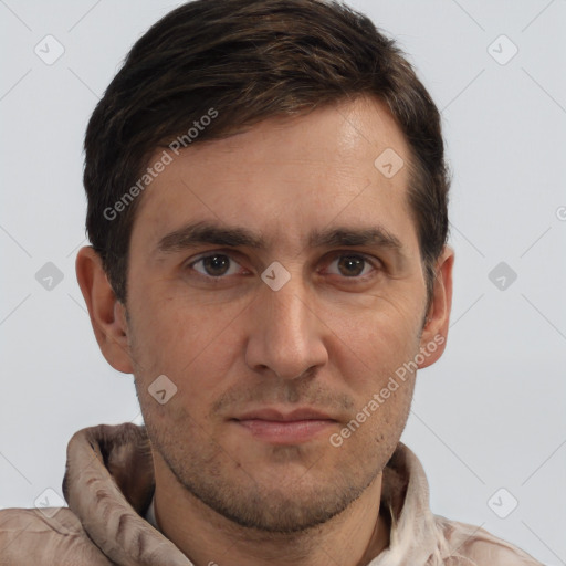 Neutral white adult male with short  brown hair and brown eyes