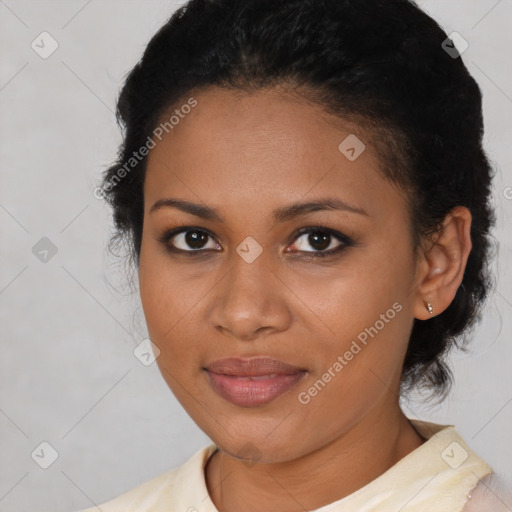 Joyful black young-adult female with medium  brown hair and brown eyes