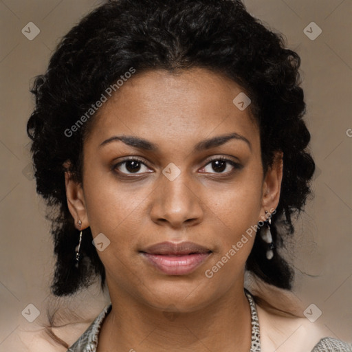 Joyful black young-adult female with medium  black hair and brown eyes