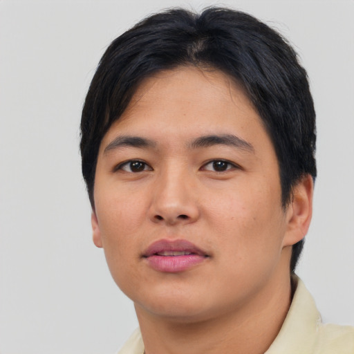 Neutral asian young-adult male with short  black hair and brown eyes