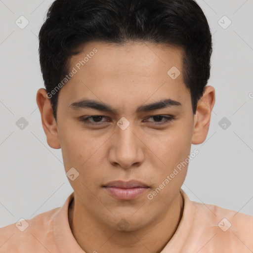 Neutral latino young-adult male with short  brown hair and brown eyes