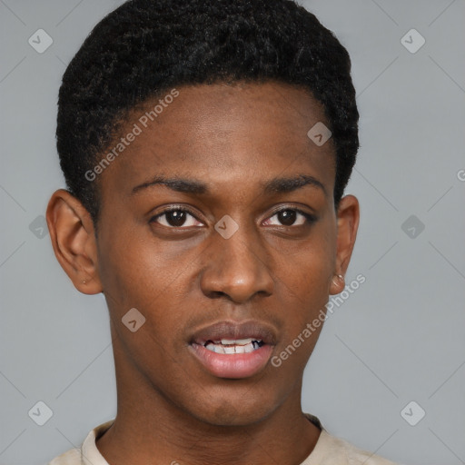 Neutral black young-adult male with short  black hair and brown eyes