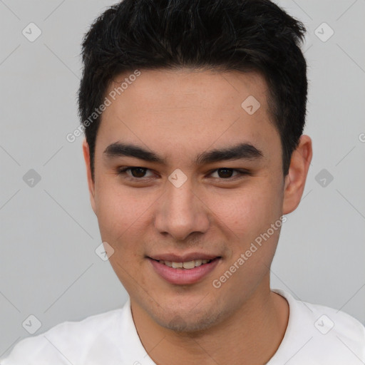 Joyful asian young-adult male with short  brown hair and brown eyes