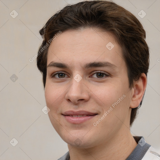 Joyful white young-adult female with short  brown hair and brown eyes