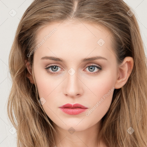 Neutral white young-adult female with long  brown hair and grey eyes