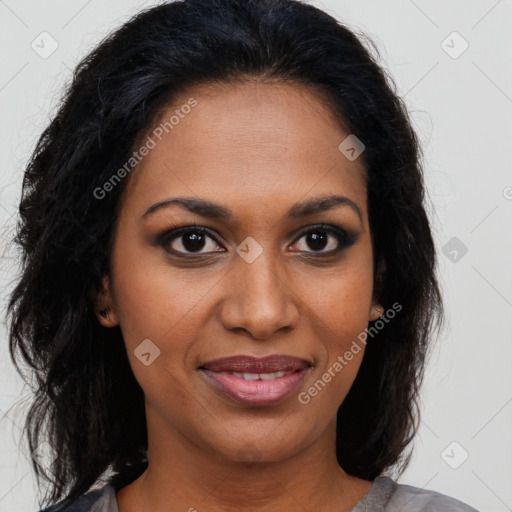 Joyful black young-adult female with medium  brown hair and brown eyes