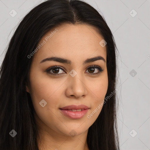 Joyful latino young-adult female with long  brown hair and brown eyes