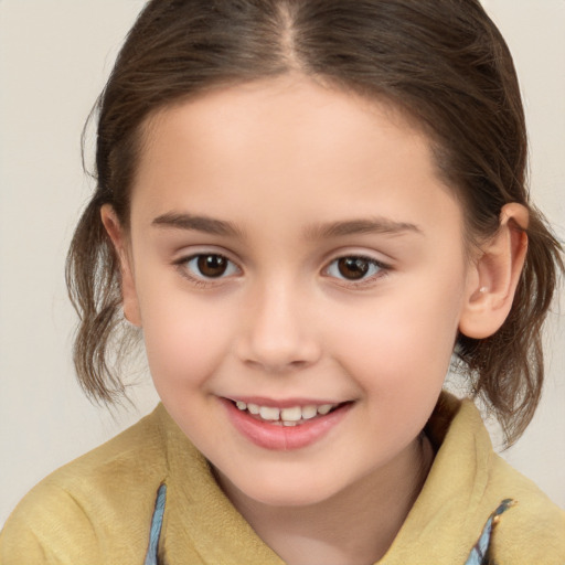 Joyful white child female with medium  brown hair and brown eyes