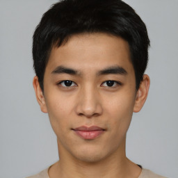 Neutral asian young-adult male with short  black hair and brown eyes