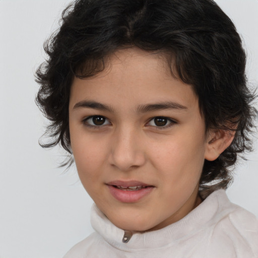 Joyful white child female with medium  brown hair and brown eyes
