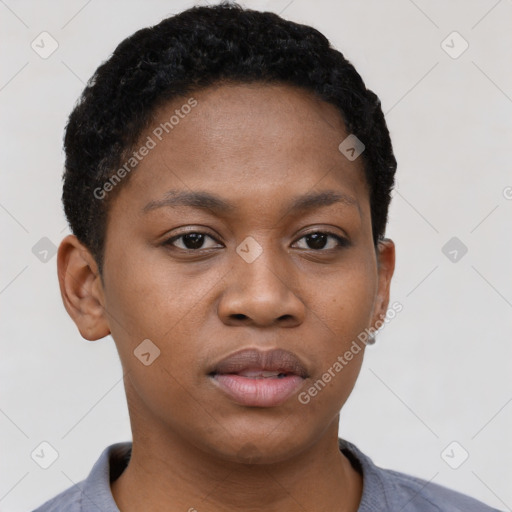 Neutral black young-adult female with short  black hair and brown eyes