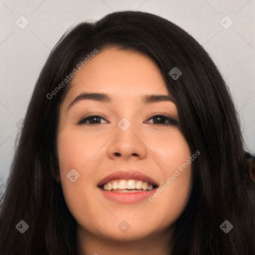 Joyful white young-adult female with long  black hair and brown eyes