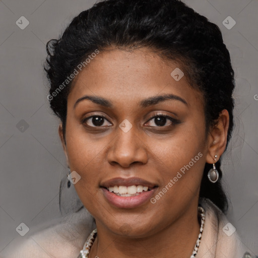 Joyful latino young-adult female with short  brown hair and brown eyes