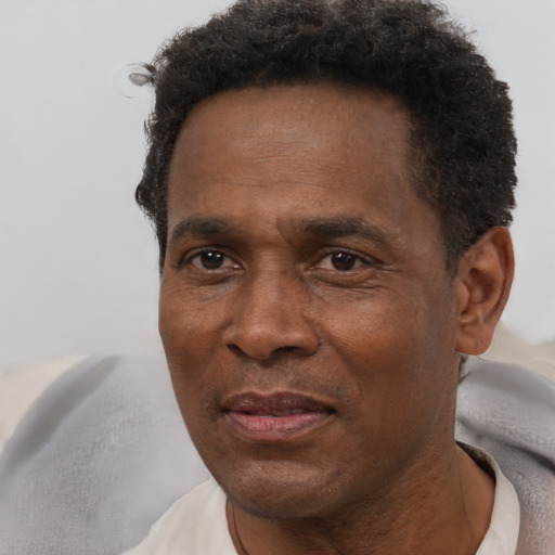 Joyful black adult male with short  brown hair and brown eyes