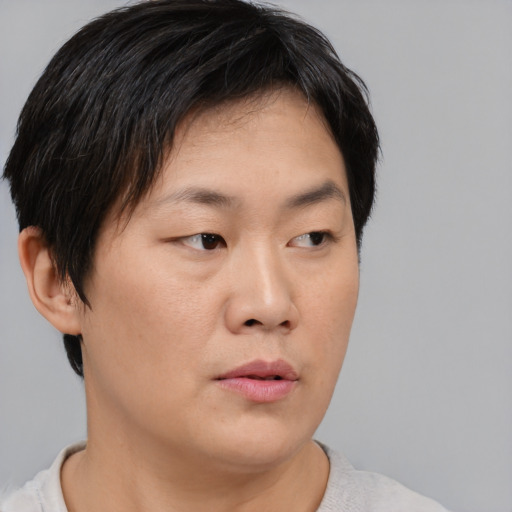 Neutral asian young-adult male with short  brown hair and brown eyes